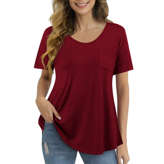 FOLUNSI Womens T Shirts Short Sleeve Round Neck Loose Print Tunic Tops with Pocket