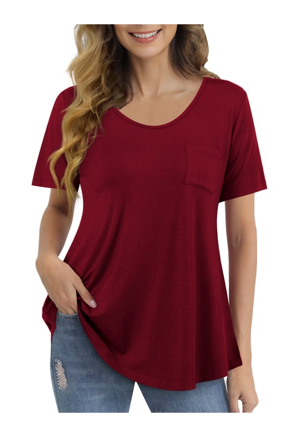 Womens T Shirts Short Sleeve Round Neck Loose Print Tunic Tops with Pocket