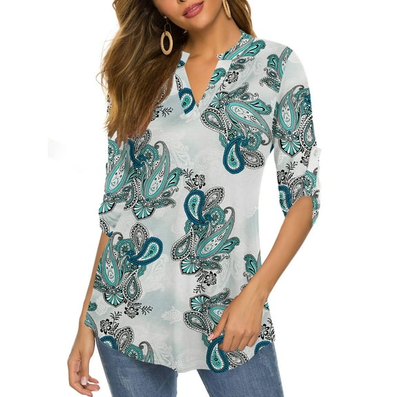 FOLUNSI Womens Tunic Tops 3/4 Roll Sleeve Floral Printed V Neck Blouses Long Sleeve Shirts for Women