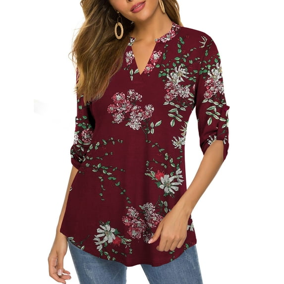 FOLUNSI Womens Tunic Tops 3/4 Roll Sleeve Floral Printed V Neck Blouses Long Sleeve Shirts for Women