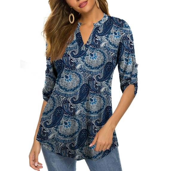FOLUNSI Womens Tunic Tops 3/4 Roll Sleeve Floral Printed V Neck Blouses Long Sleeve Shirts for Women