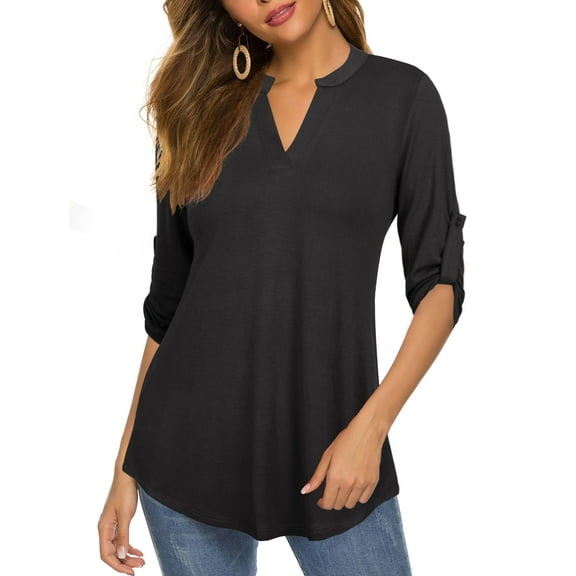 FOLUNSI Womens Tunic Tops 3/4 Roll Sleeve Floral Printed V Neck Blouses Long Sleeve Shirts for Women