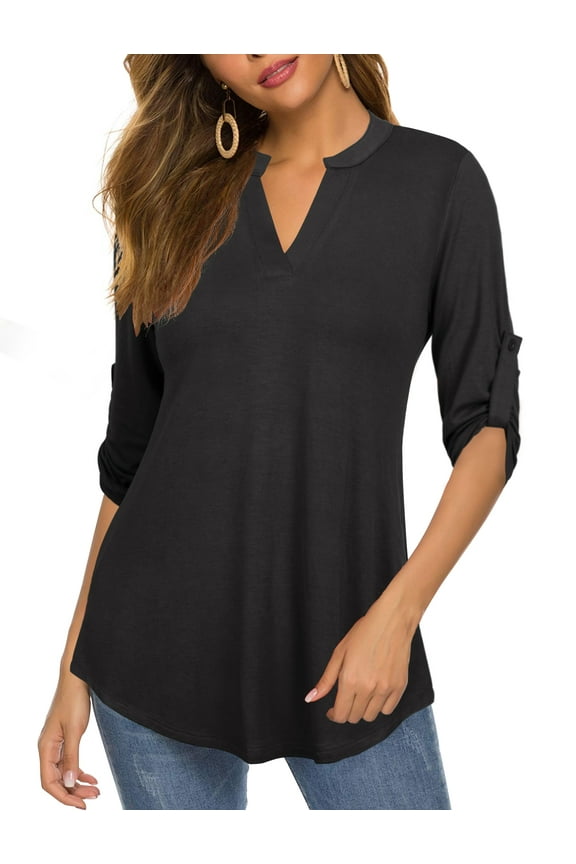 Womens Tunic Tops 3/4 Roll Sleeve Floral Printed V Neck Blouses Long Sleeve Shirts for Women