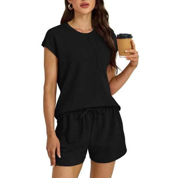FOLUNSI Womens Two Piece Sets Casual Cap Sleeve with shorts Lounge Set Vacation Outfits Pajama Sets with Pocket S-XXL