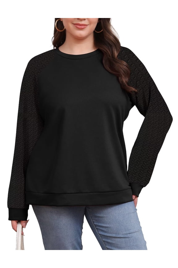 Women's Plus Size Sweatshirt Cable Knit Sleeve Crew Neck Print Splicing tops Black 2XL