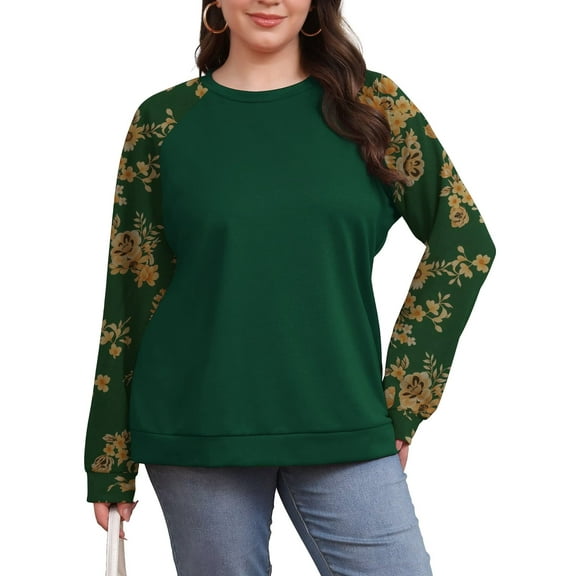 FOLUNSI Women's Plus Size Sweatshirt Long Sleeve Crew Neck Print Splicing tops Dark Green 2XL