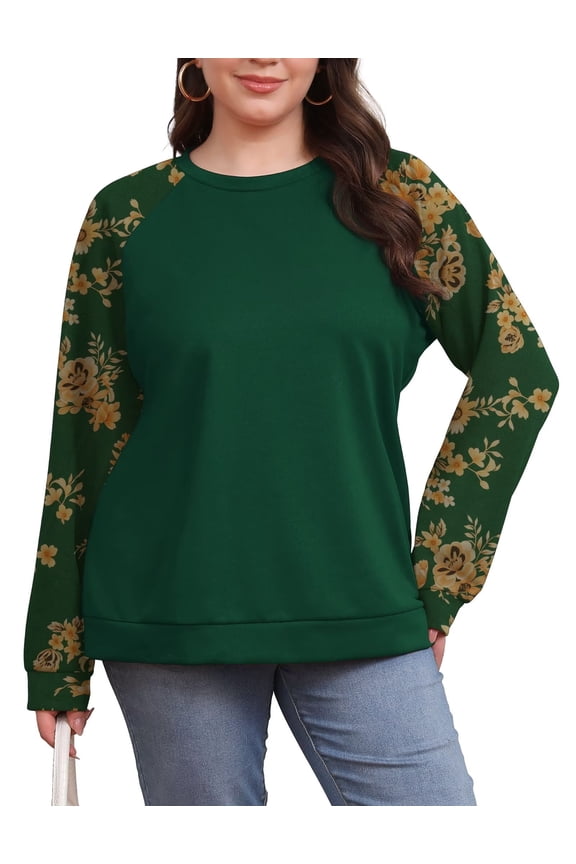 Women's Plus Size Sweatshirt Long Sleeve Crew Neck Print Splicing tops Dark Green XL