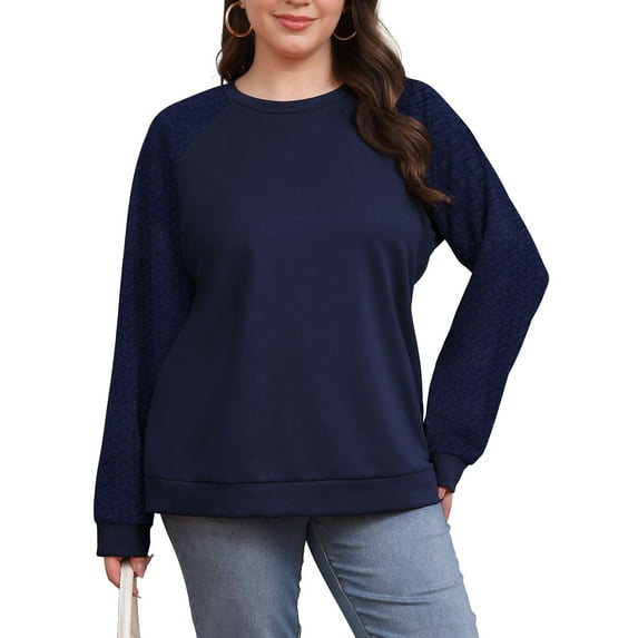 FOLUNSI Women's Plus Size Sweatshirt Cable Knit Sleeve Crew Neck Print Splicing tops Navy Blue 4XL