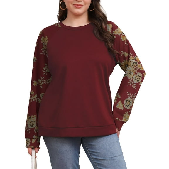 FOLUSI Women's Large Size Splicing Sleeve Sports Shirt Long Sleeve Printed Roayl Blue 2XL