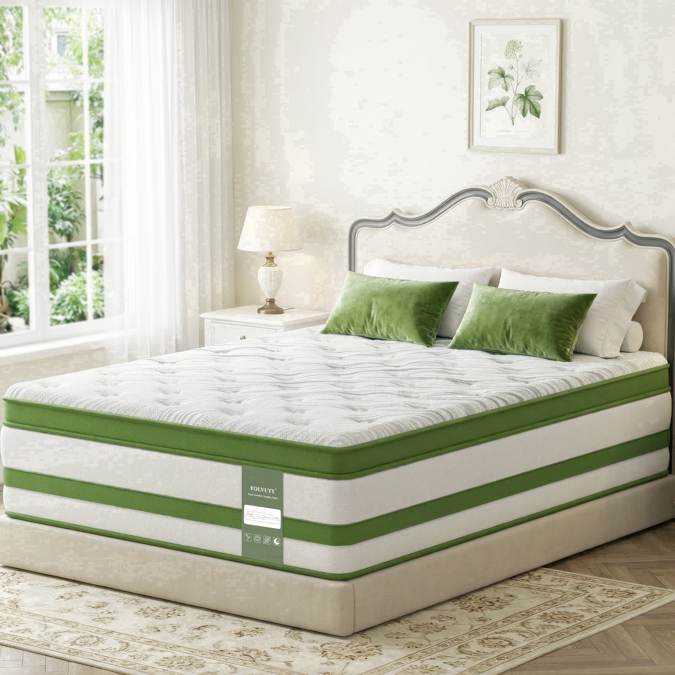 FOLVUTY Queen Mattress 14 inch Gel Memory Foam Hybrid Mattress and Pocket Springs, Green Tea Infused High-Density Foam, Medium Firm, Edge Support