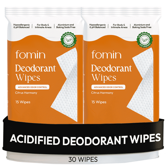 FOMIN Acidified Deodorant Wipes For Women - 30 Count - Citrus Harmony  Hypoallergenic, pH Balanced Whole Body Wipes - Plastic-Free, Exfoliating & Advanced Odor Control Underarm Body Wipes