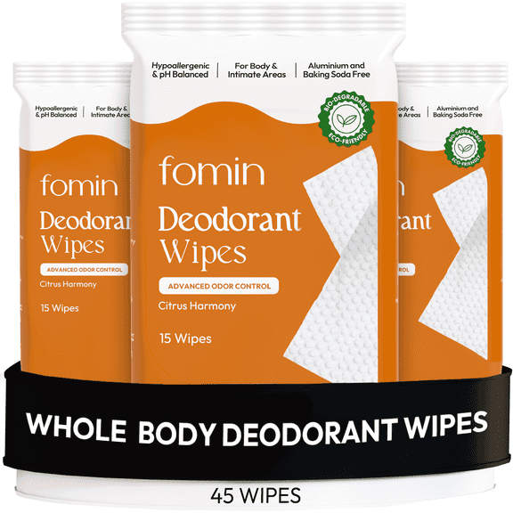 FOMIN Acidified Deodorant Wipes For Women - 45 Count - Citrus Harmony Hypoallergenic, pH Balanced Whole Body Wipes - Plastic-Free, Exfoliating & Advanced Odor Control Underarm Body Wipes