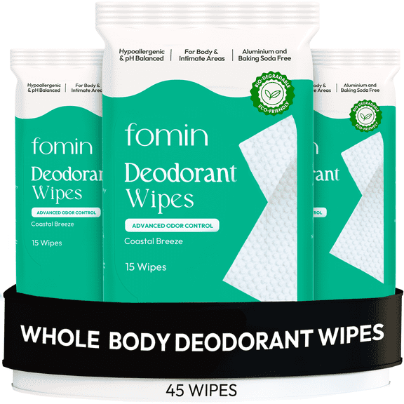 FOMIN Acidified Deodorant Wipes For Women - 45 Count - Coastal Breeze Hypoallergenic, pH Balanced Whole Body Wipes - Plastic-Free, Exfoliating & Advanced Odor Control Underarm Body Wipes