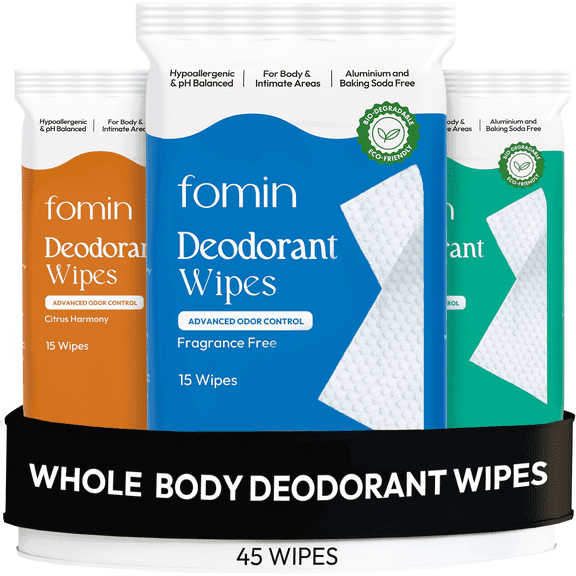 FOMIN Acidified Deodorant Wipes For Women - 45 Count - Variety Pack  Hypoallergenic, pH Balanced Whole Body Wipes - Plastic-Free, Exfoliating & Advanced Odor Control Underarm Body Wipes