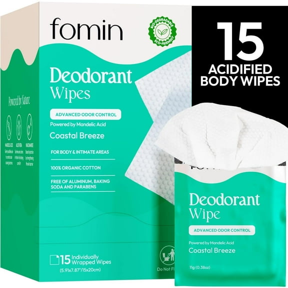 FOMIN Acidified Travel Deodorant Wipes For Women & Men - 15 Count - Coastal Breeze - pH Balanced, Mini Deodorant Travel Size Wipes - Plastic-Free, Individually Wrapped Underarm Body Wipes