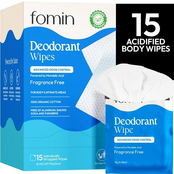 Fomin Acidified Deodorant Wipes, Fragrance Free, pH Balanced, Plastic-Free, Individually Wrapped, 15 Count
