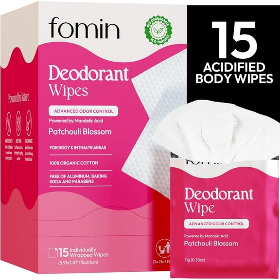 FOMIN Acidified Travel Deodorant Wipes For Women & Men - 15 Count - Patchouli Blossom - pH Balanced, Mini Deodorant Travel Size Wipes - Plastic-Free, Individually Wrapped Underarm Body Wipes