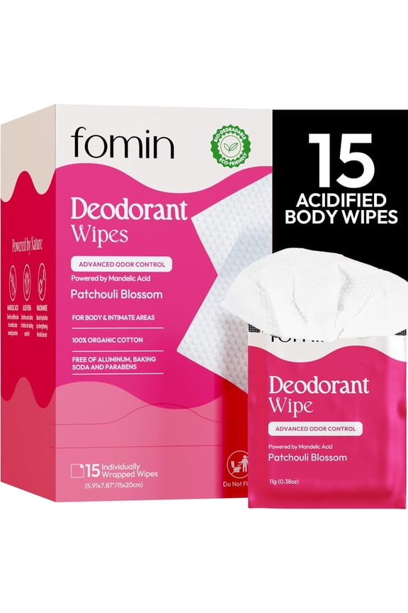 Acidified Travel Deodorant Wipes For Women & Men - 15 Count - Patchouli Blossom - pH Balanced, Mini Deodorant Travel Size Wipes - Plastic-Free, Individually Wrapped Underarm Body Wipes