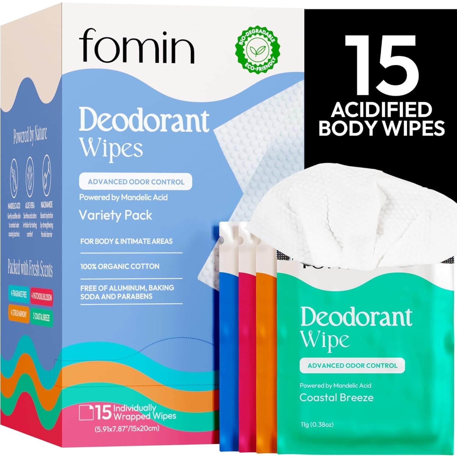 FOMIN Acidified Travel Deodorant Wipes For Women & Men - 15 Count - Variety Pack - pH Balanced, Mini Deodorant Travel Size Wipes - Plastic-Free, Individually Wrapped Underarm Body Wipes