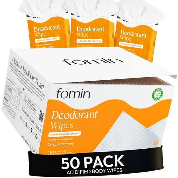 FOMIN Acidified Travel Deodorant Wipes For Women & Men - 50 Count - Citrus Harmony - pH Balanced, Mini Deodorant Travel Size Wipes - Plastic-Free, Individually Wrapped Underarm Body Wipes