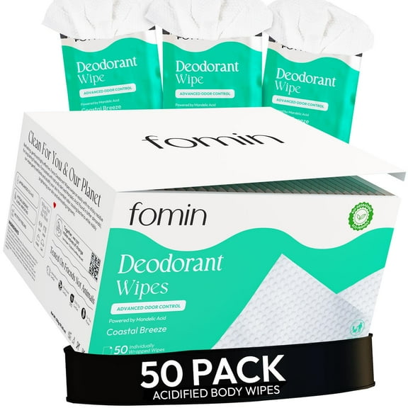 FOMIN Acidified Travel Deodorant Wipes For Women & Men - 50 Count - Coastal Breeze - pH Balanced, Mini Deodorant Travel Size Wipes - Plastic-Free, Individually Wrapped Underarm Body Wipes