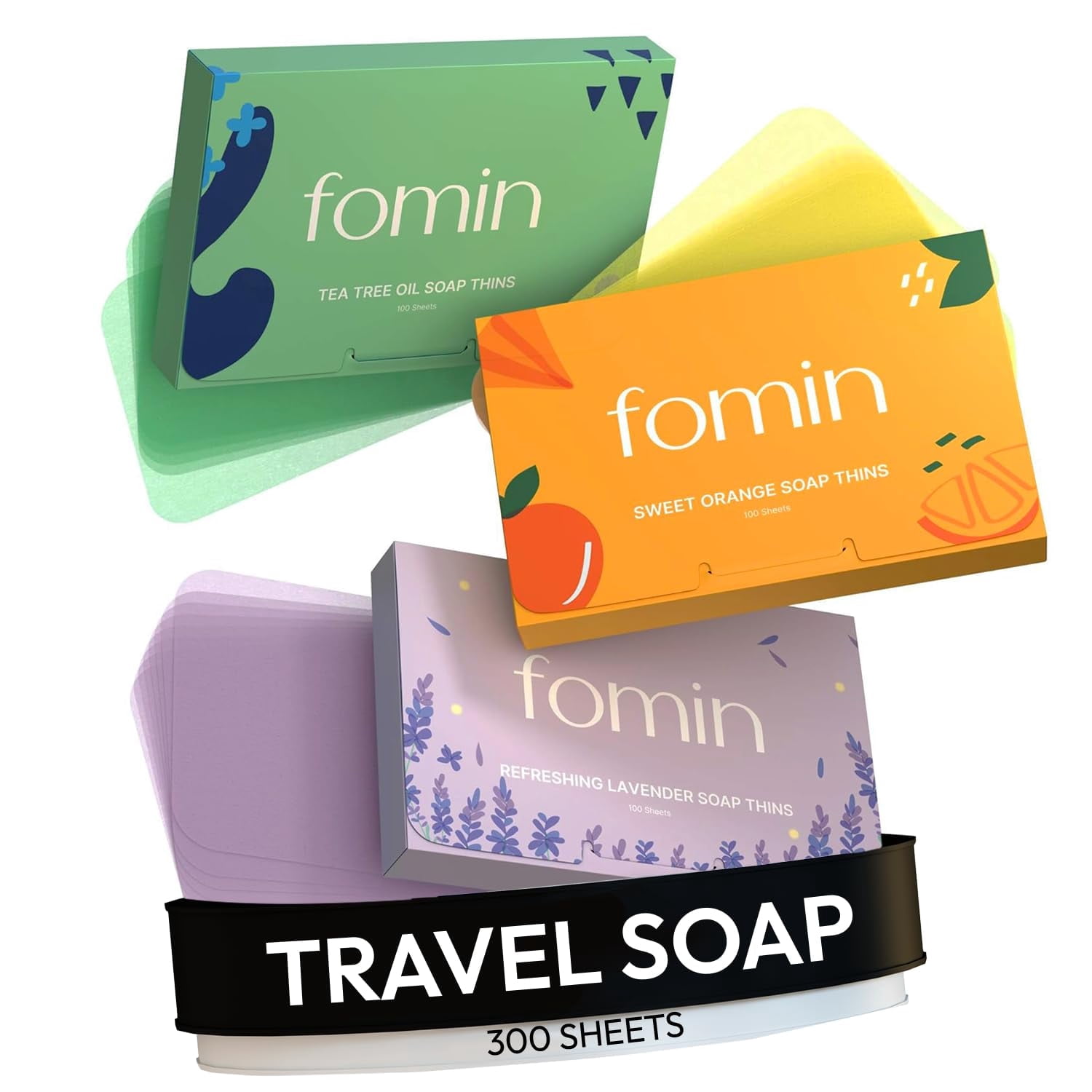 FOMIN - Antibacterial Paper Soap Sheets for Hand Washing - (300 Sheets) Orange, Tea Tree, Lavender Portable Travel Dissolvable Camping Mini Soap, Portable Soap Sheets