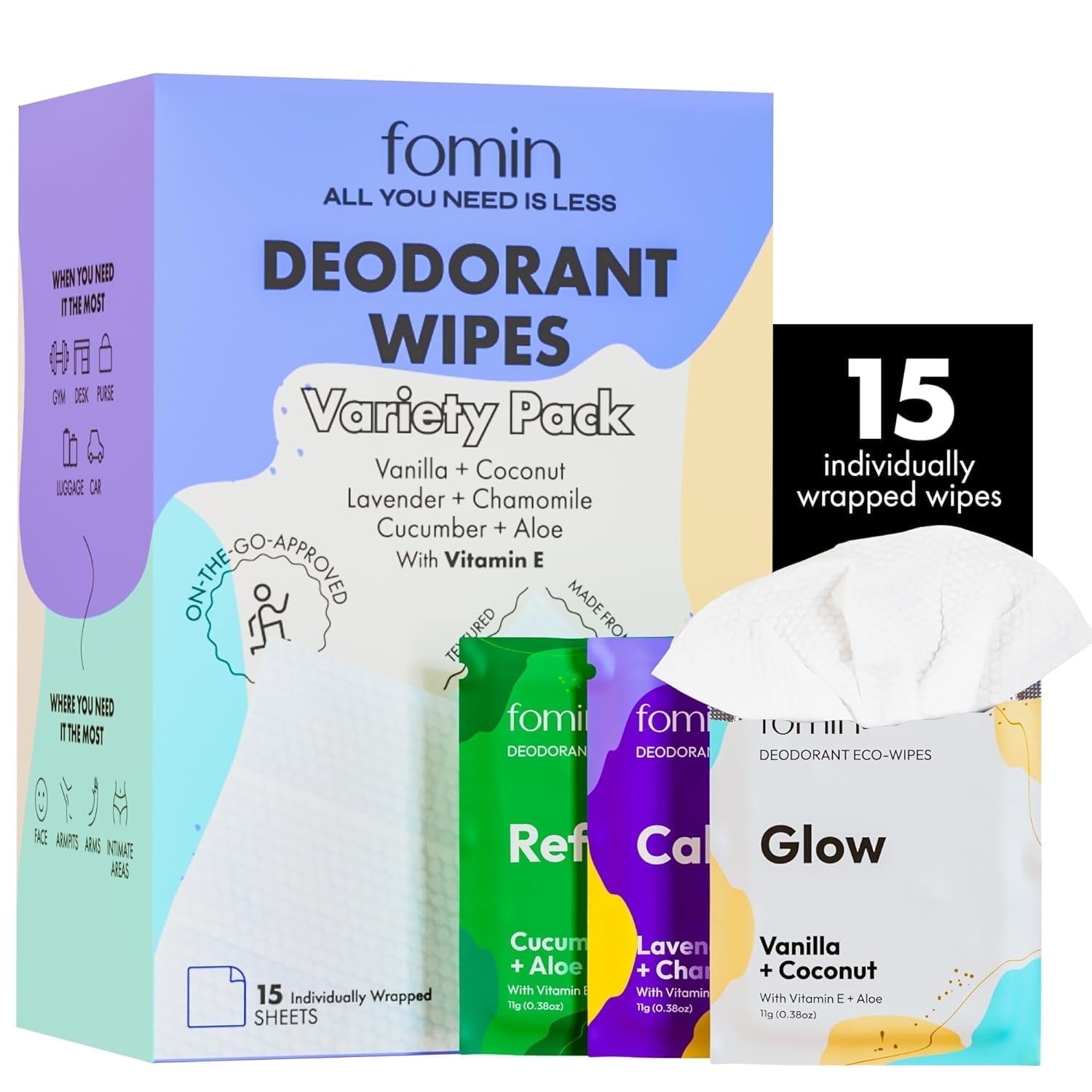 FOMIN Travel Deodorant Wipes - 15 Count - Variety Pack - pH Balanced, Hypoallergenic Mini Deodorant Wipes For Women and Men - Plastic-Free, Individually Wrapped Underarm & Body Wipes