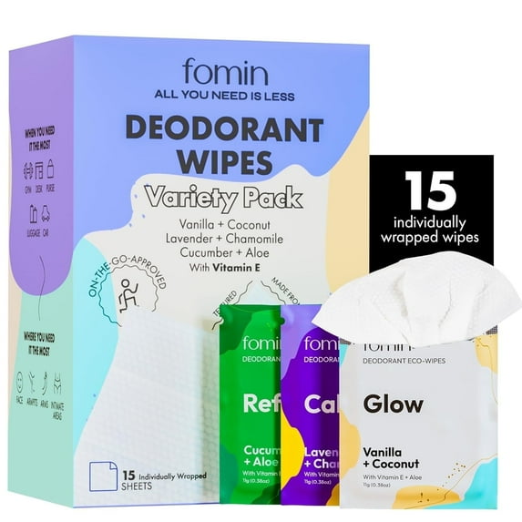 FOMIN Travel Deodorant Wipes - 15 Count - Variety Pack - pH Balanced, Hypoallergenic Mini Deodorant Wipes For Women and Men - Plastic-Free, Individually Wrapped Underarm & Body Wipes