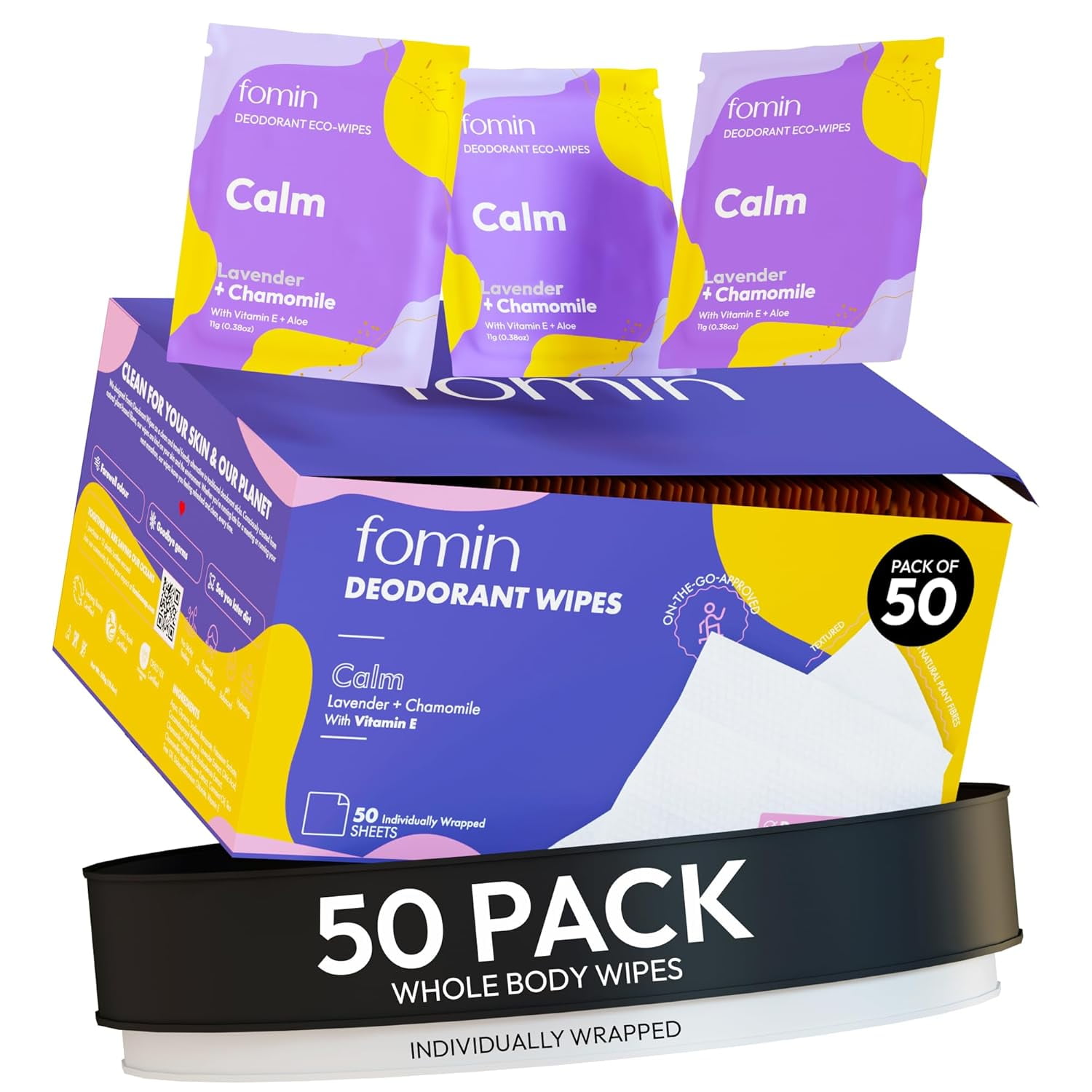 FOMIN Travel Deodorant Wipes - 50 Count - Calming Lavender and Chamomile - pH Balanced, Hypoallergenic Mini Deodorant Wipes For Women and Men - Plastic-Free, Individually Wrapped Underarm & Body Wipe