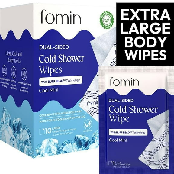 FOMIN Travel Cold Shower Wipes - 10 Pack - No Rinse XL Bathing Wipes with Vitamin E - Fragrance-Free Full Body Wipes for Adults - Individually Wrapped Waterless Bath Wipes for Hygiene, Camping, & Gym
