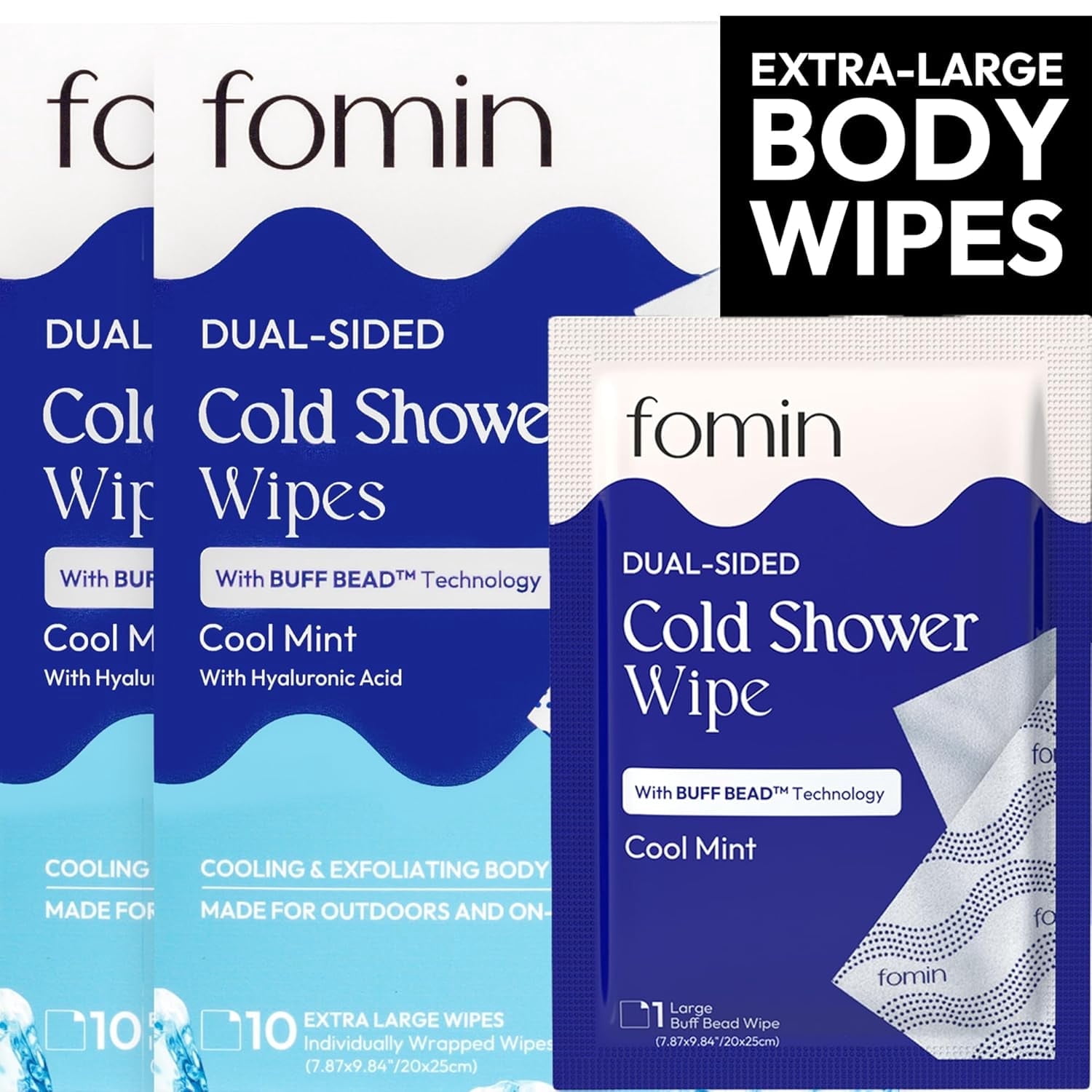Fomin, Travel Cold Shower Wipes, 20 Pack, No Rinse XL Body Wipes