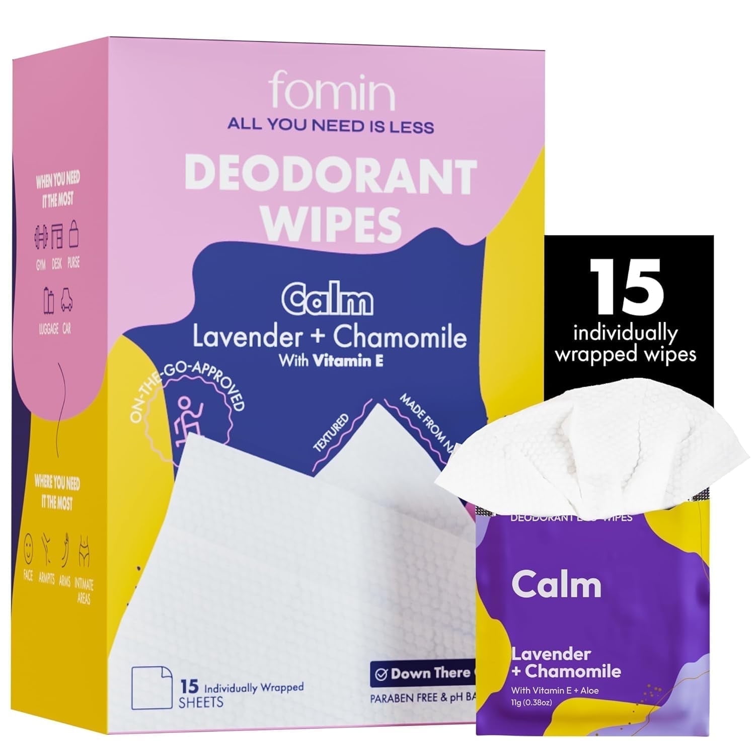 FOMIN Travel Deodorant Wipes - 15 Count - Calming Lavender and Chamomile - pH Balanced, Hypoallergenic Mini Deodorant Wipes For Women and Men - Individually Wrapped Underarm & Body Wipes