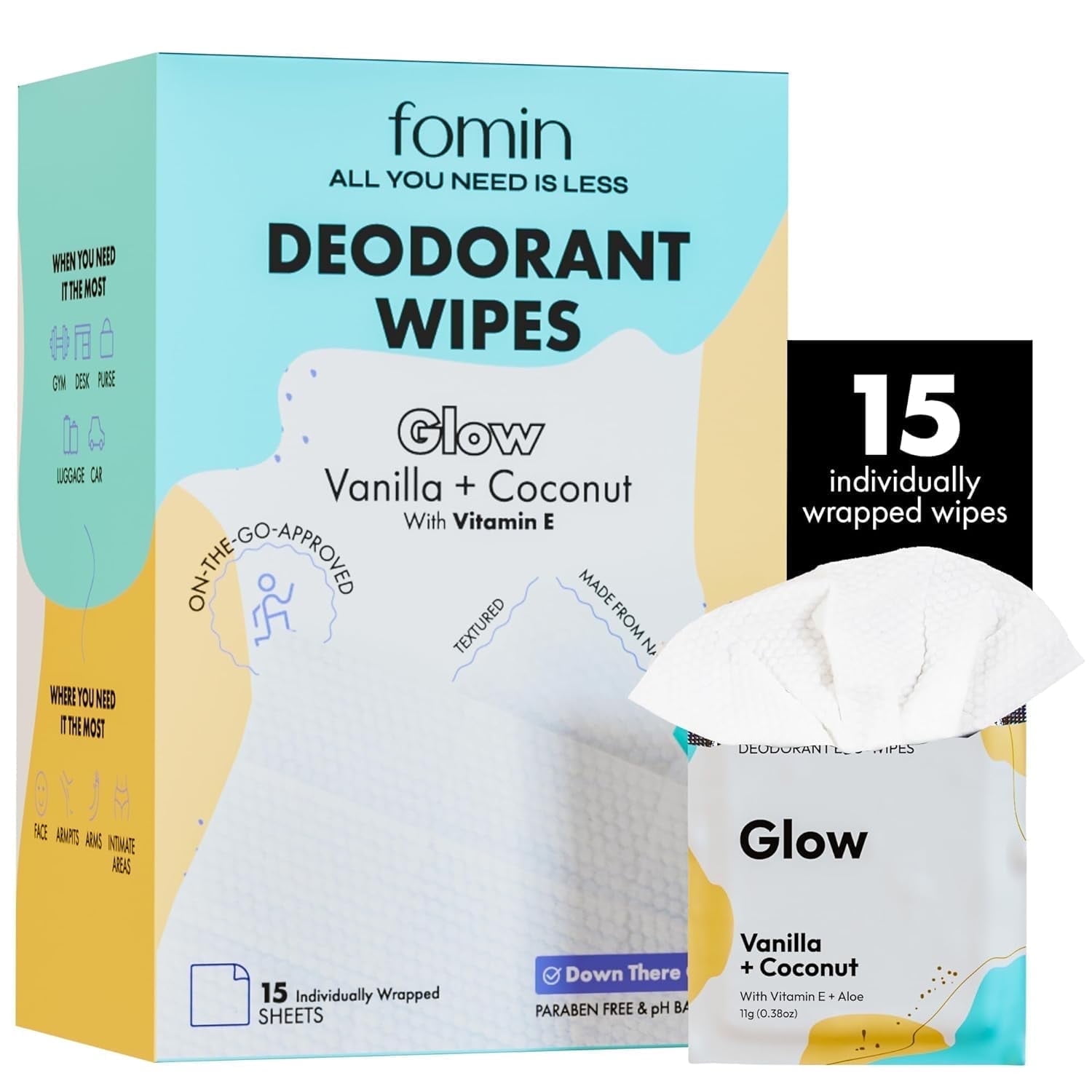 FOMIN Travel Deodorant Wipes - 15 Count - Glowing Coconut and Vanilla - pH Balanced, Hypoallergenic Mini Deodorant Wipes For Women and Men - Plastic-Free, Individually Wrapped Underarm & Body Wipes