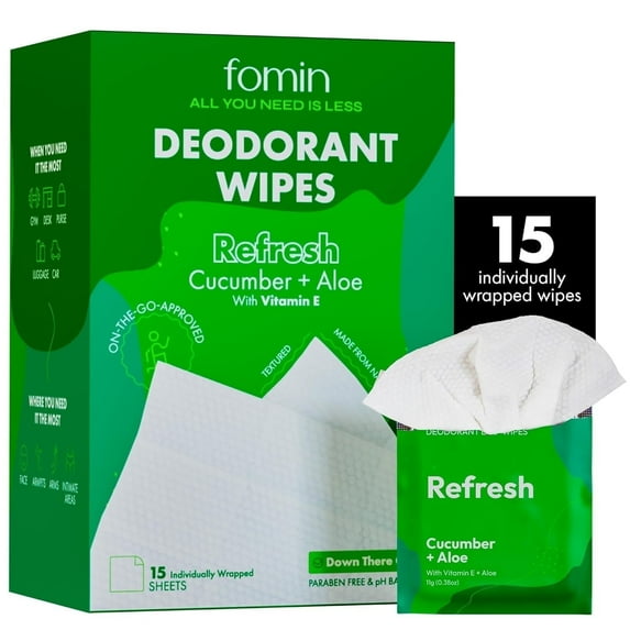 FOMIN Travel Deodorant Wipes - 15 Count - Refreshing Cucumber and Aloe - pH Balanced, Hypoallergenic Mini Deodorant Wipes For Women and Men - Plastic-Free, Individually Wrapped Underarm & Body Wipes