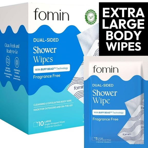 FOMIN Travel Shower Wipes - 10 Pack - No Rinse XL Bathing Wipes with Vitamin E - Fragrance-Free Full Body Wipes for Adults - Individually Wrapped Waterless Bath Wipes for Hygiene, Camping, & Gym