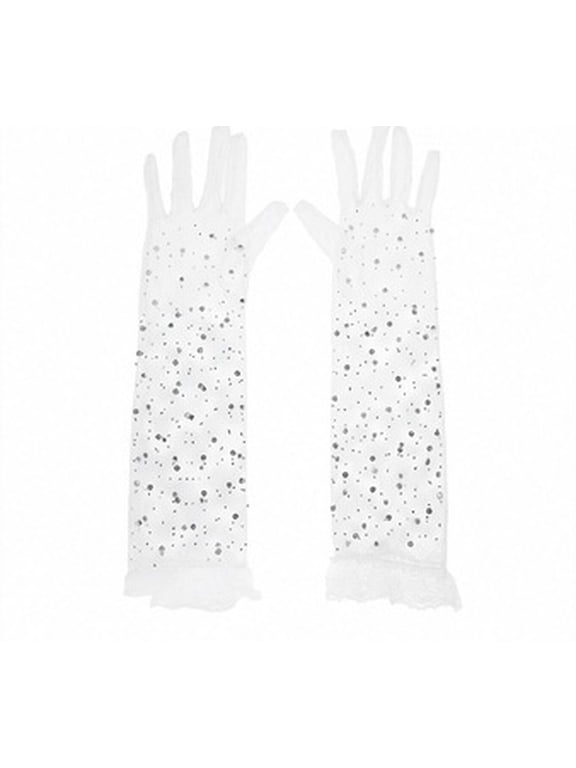 Rhinestone Fishnet Long Gloves Lace Design White Mesh 1 Pair