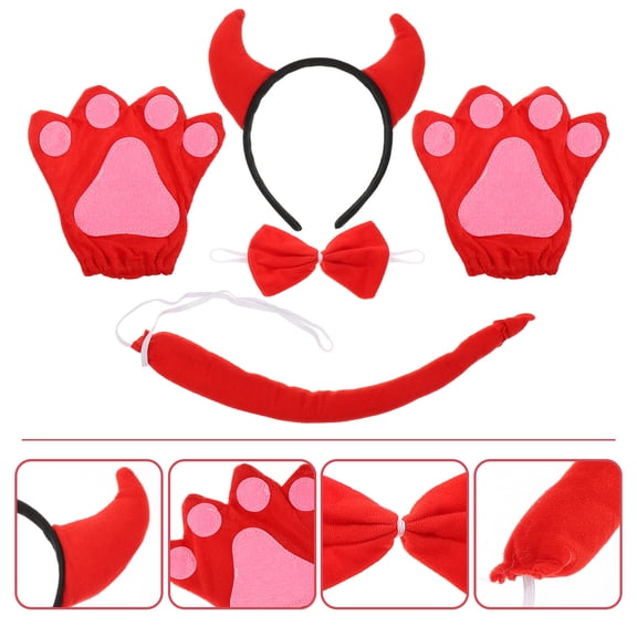 FOMIYES 1 Set Red Cattle Costume Accessories, Cow Horn Headdress Headband and Tail, Cotton Cosplay Props for Parties and Dress Up