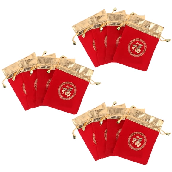 FOMIYES 12Pcs Velvet Chinese New Year Treat Bags Red Fu Design Drawstring Pouches