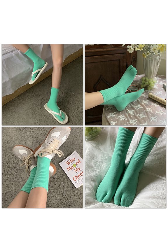 1 Pair Breathable Cotton Socks with Elastic Fit, Two-Toed Design for Japanese Clogs, Comfortable Green Footwear