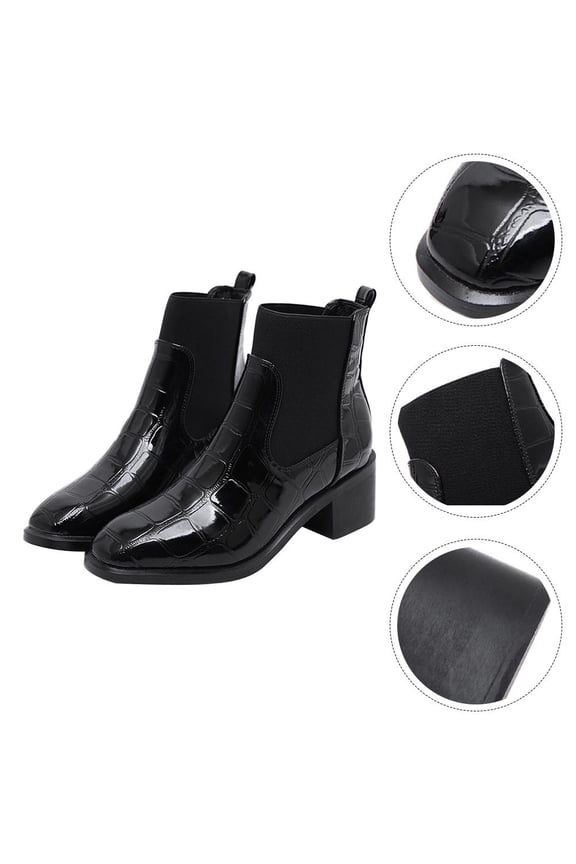 Women's Chunky Heel Winter Boots, Black Alligator Texture, Stylish, , Fashionable Footwear for Cold Weather