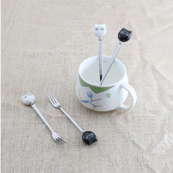 FOMIYES 1Pc Small White Cat Face Dessert Fork Ceramic Handle Stainless Steel Fruit Fork for Home Office