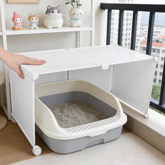 FOMIYES 1Set High Wall White Cat Litter Enclosure Splash Guard with Easy No Tool Installation