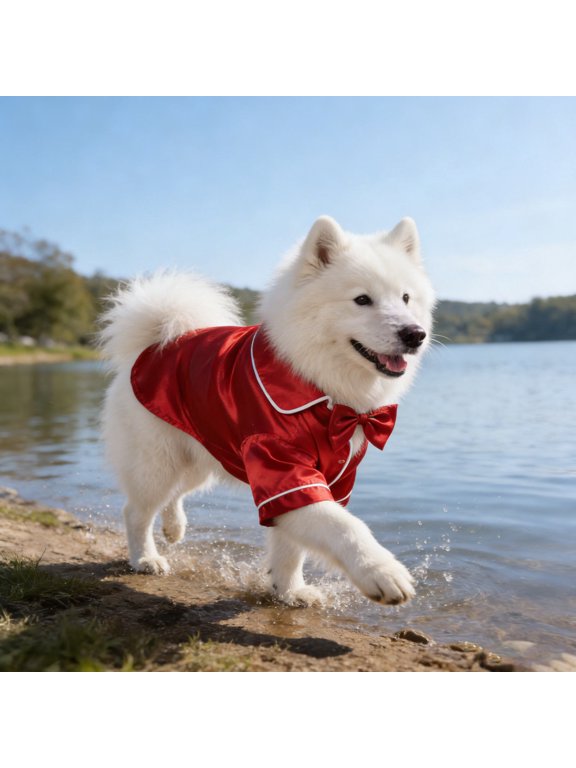 1Set Breathable Red Satin Dog Pajamas Soft Lapel Sleepwear for Small Dogs