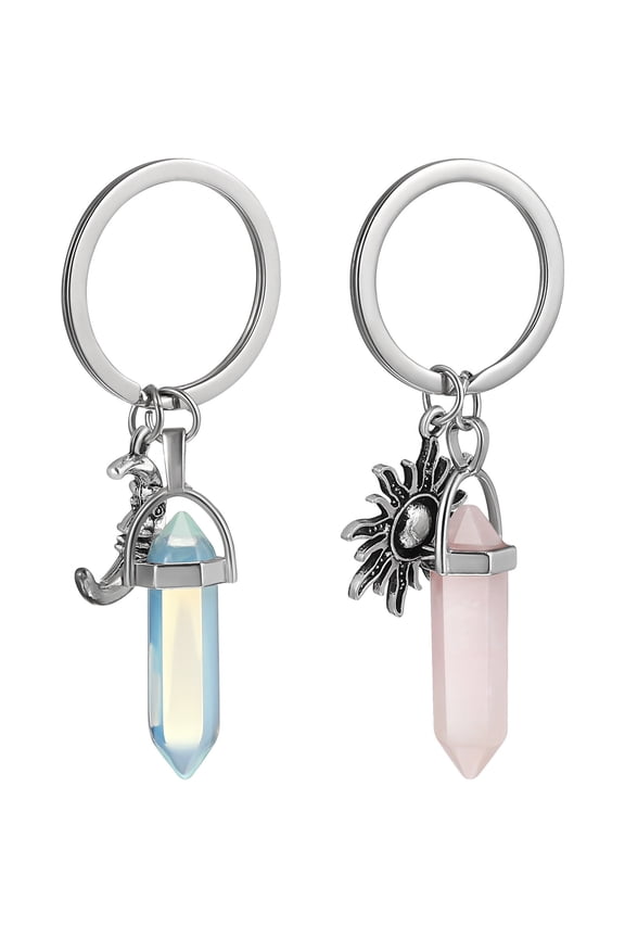 2Pcs Crystal Stone Keychains with Sun and Moon Pendants for Bag Car House Decoration