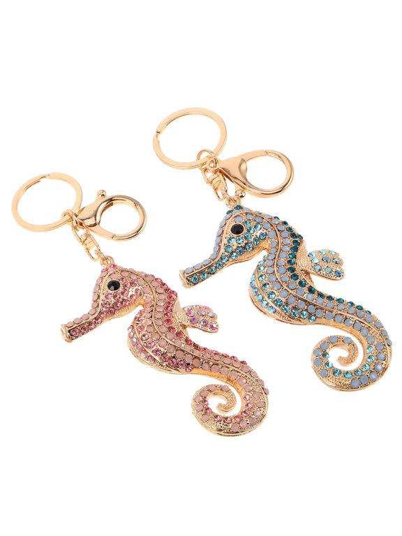 2Pcs Cute Seahorse Keychain with Rhinestones Metal Ocean Theme Pendant for Bags
