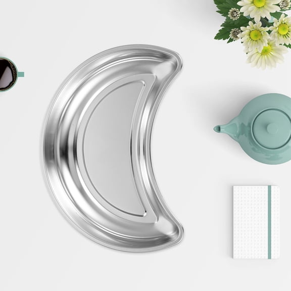 FOMIYES Stainless Steel Serving Tray Plated Silver Half Moon Shape Turkish Design for Home