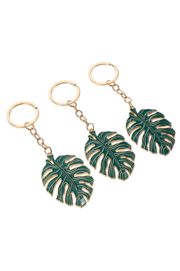 3Pcs Coconut Tree Keychain Leaf Shape Dark Green Alloy Key Decoration