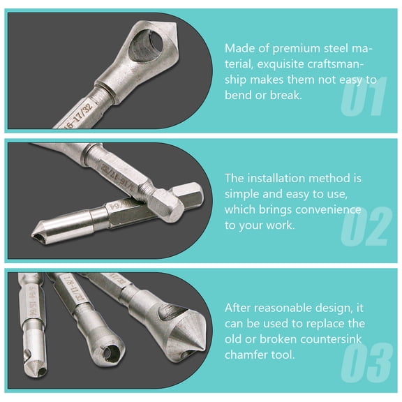 FOMIYES 3Pcs Plated Silver Countersink Chamfer Tool Set Steel Bits for Metal Wood Drilling