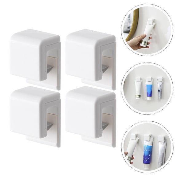 FOMIYES 4- Clips Hooks for Hanging Toothpaste Rack, Non-Marking Adhesive Holders for Bathroom Organization
