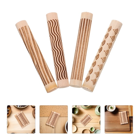 FOMIYES Wooden Clay Texture Roller Set Light Brown Natural Wood Grain Pattern Craft Tool 4 Pieces